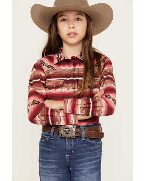 Ariat Girls' Southwestern Serape Striped Long Sleeve Snap Western Shirt, Pink, hi-res