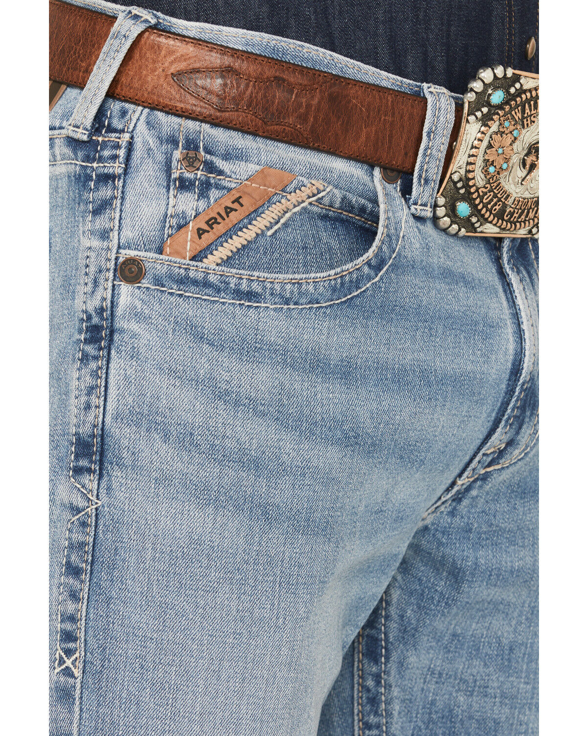 Image #2 - Ariat Men's M2 Flynn Cameron Light Wash Relaxed Bootcut Stretch Denim Jeans, Light Wash, hi-res