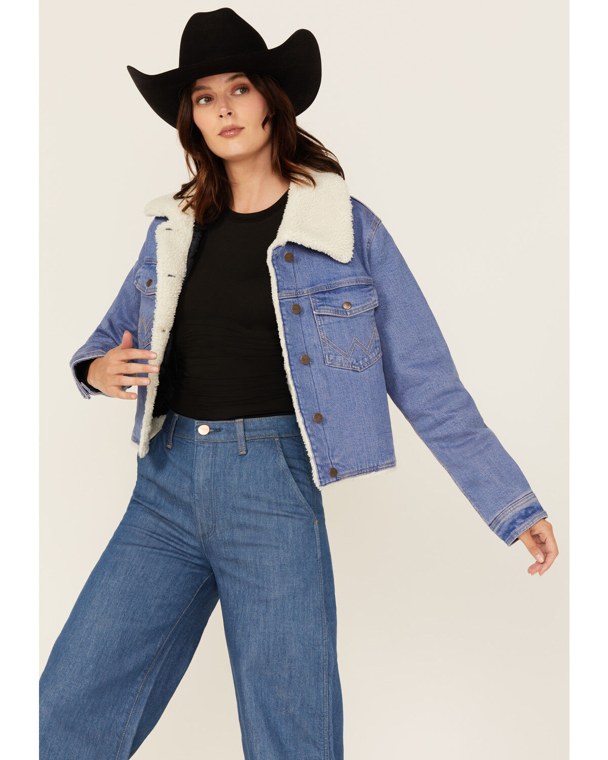 Image #1 - Wrangler Women's Medium Wash Sherpa Lined Denim Jacket, Medium Wash, hi-res