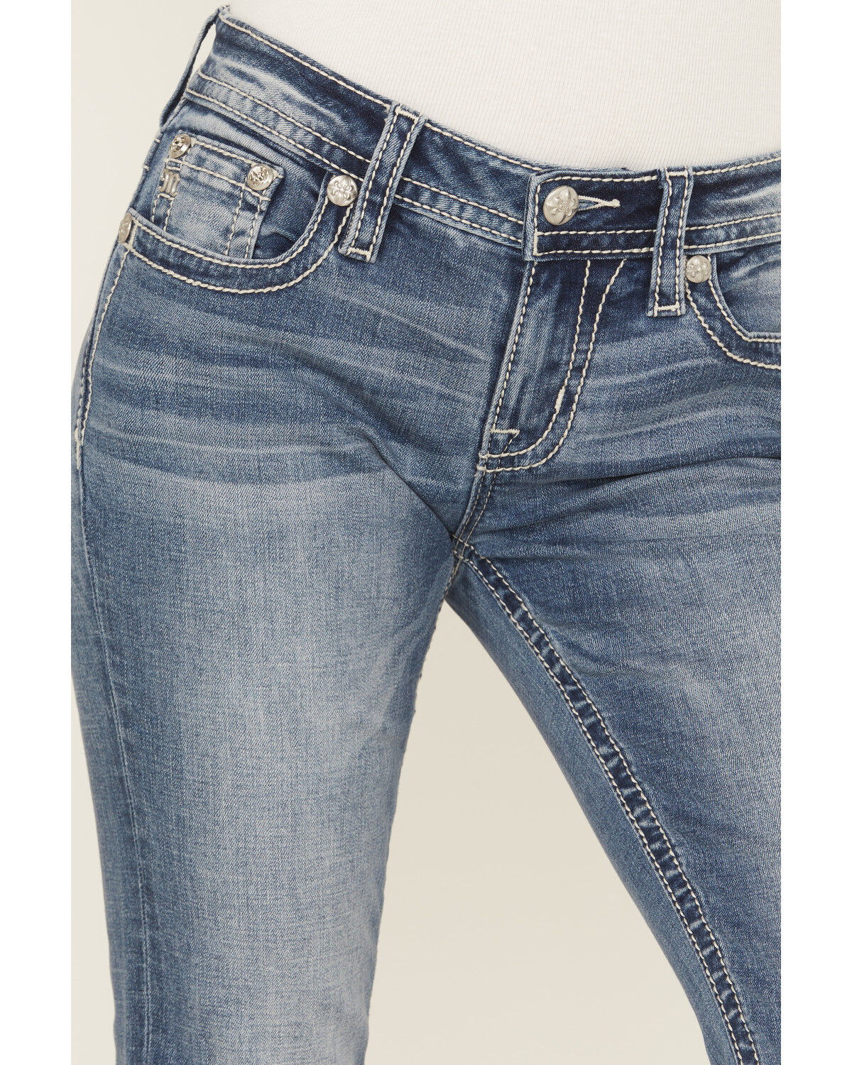 Product Name:  Miss Me Women's Dark Wash Mid Rise Bootcut Patchwork Flap Stretch Denim Jeans
