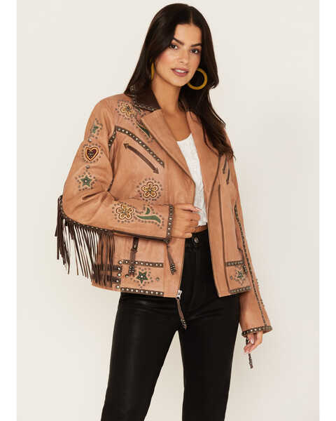 Double D Ranch Women's Floral Embroidered Studded Fringe Roughstock Leather Jacket, Tan, hi-res