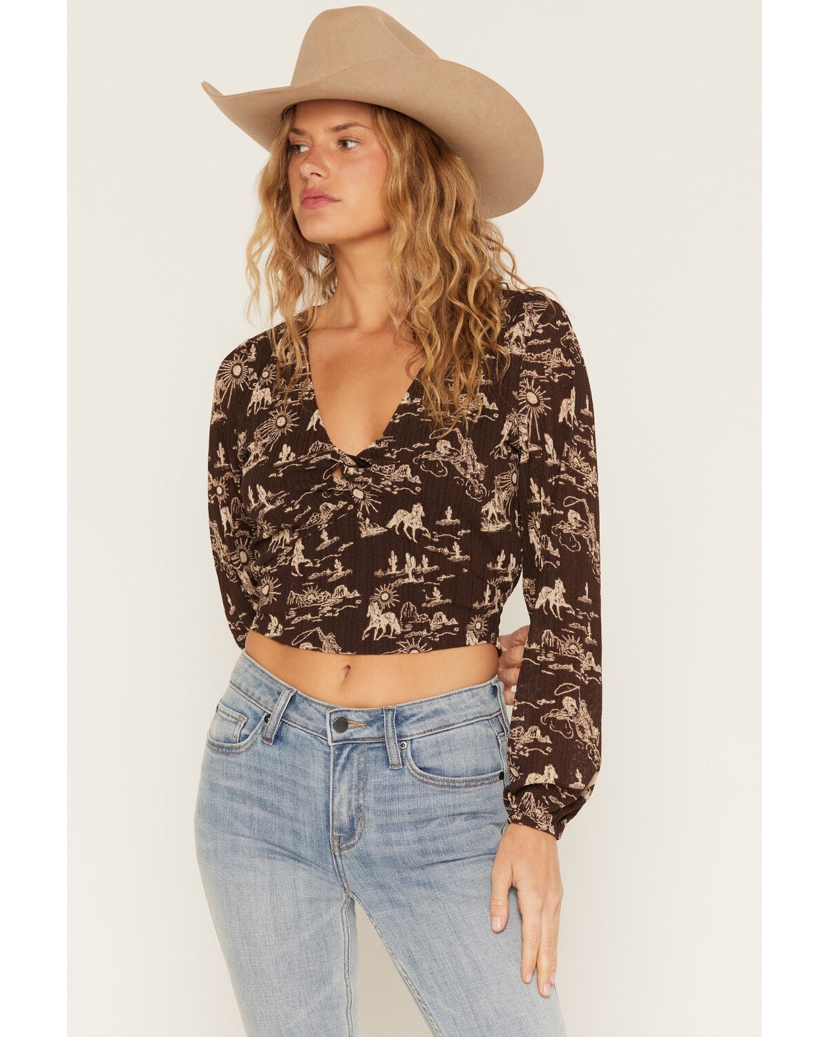 Idyllwind Women's Percy Conversational Print Twist Front Blouse, Dark Brown, hi-res