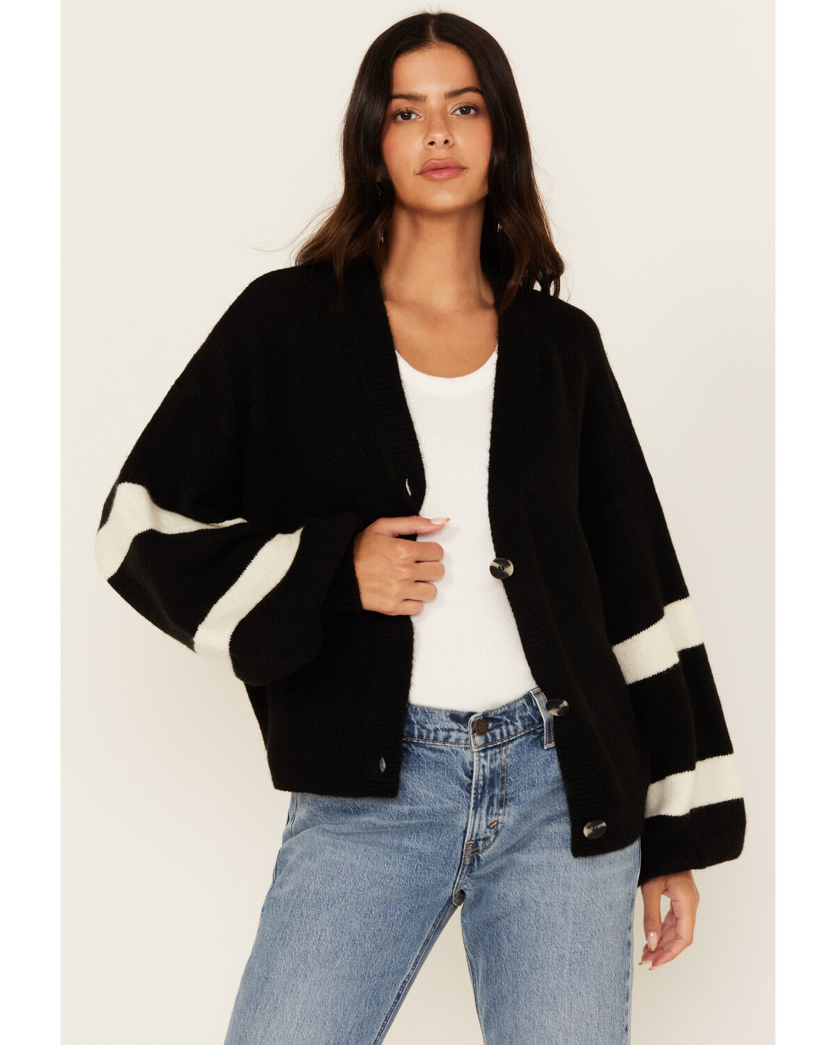 Image #1 - Wrangler Women's Logo Striped Cardigan, Black, hi-res