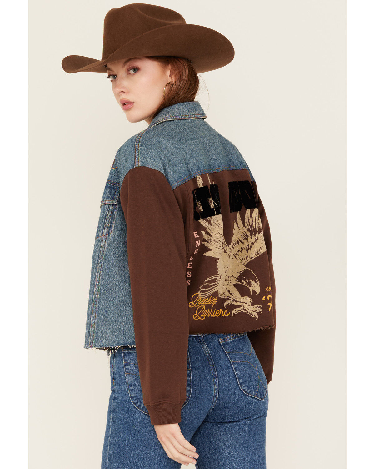 Cleo + Wolf Women's Mixed Material Graphic Jacket, Brown, hi-res