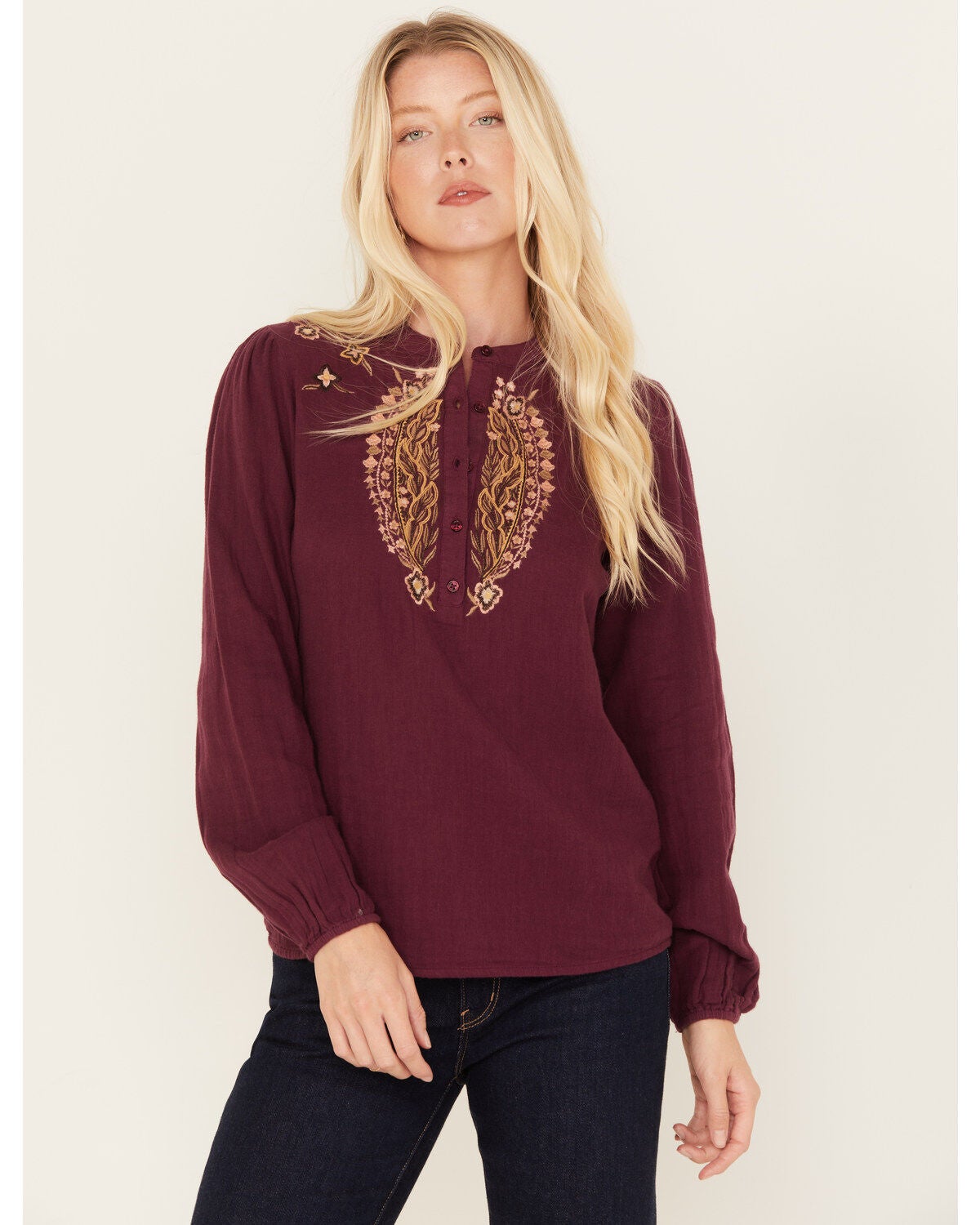 Cleo + Wolf Women's Floral Embroidered Blouse, Grape, hi-res