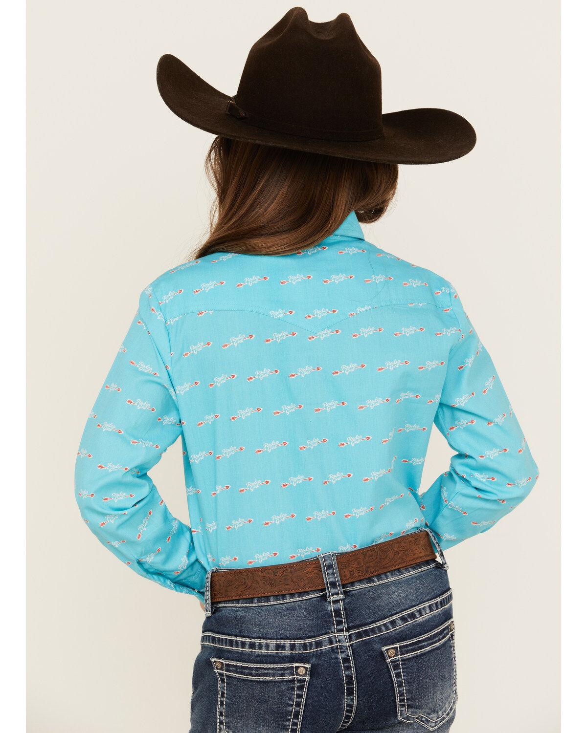 Image #4 - Panhandle Girls' Rodeo Arrow Print Long Sleeve Pearl Snap Western Shirt, Turquoise, hi-res