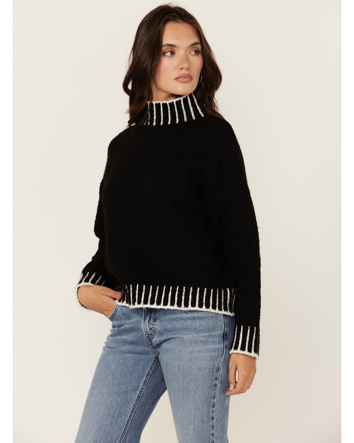 Revel Women's Whip Stitch Turtleneck Sweater, Black, hi-res
