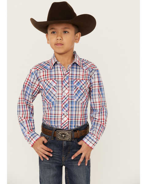 Roper Boys' Classic Plaid Print Long Sleeve Western Pearl Snap Shirt, Red, hi-res