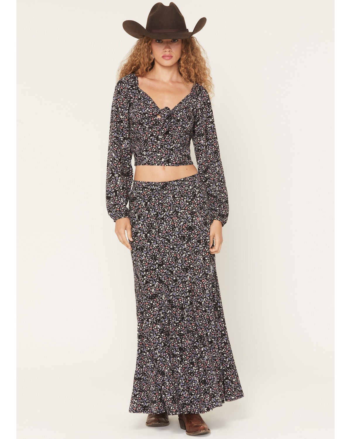 Idyllwind Women's Cory Ditsy Floral Print Long Sleeve Tie-Front Shirt, Black, hi-res