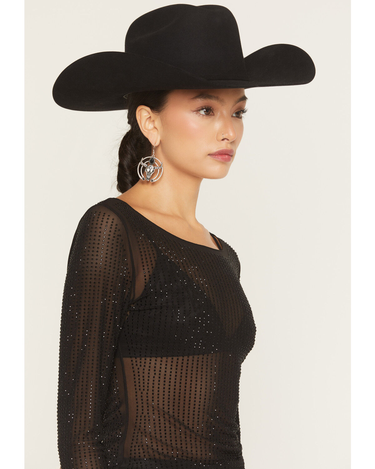Image #2 - Idyllwind Women's Hollyhock Rhinestone Mesh Long Sleeve Shirt, Black, hi-res