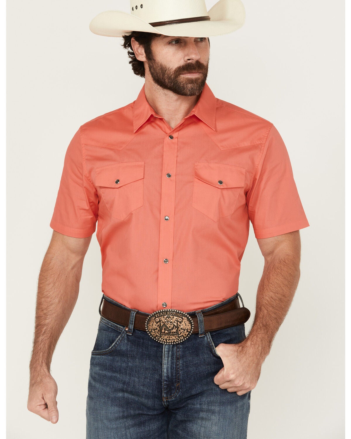Gibson Trading Co Men's White Water Solid Short Sleeve Snap Stretch Western Shirt - Tall, Coral, hi-res