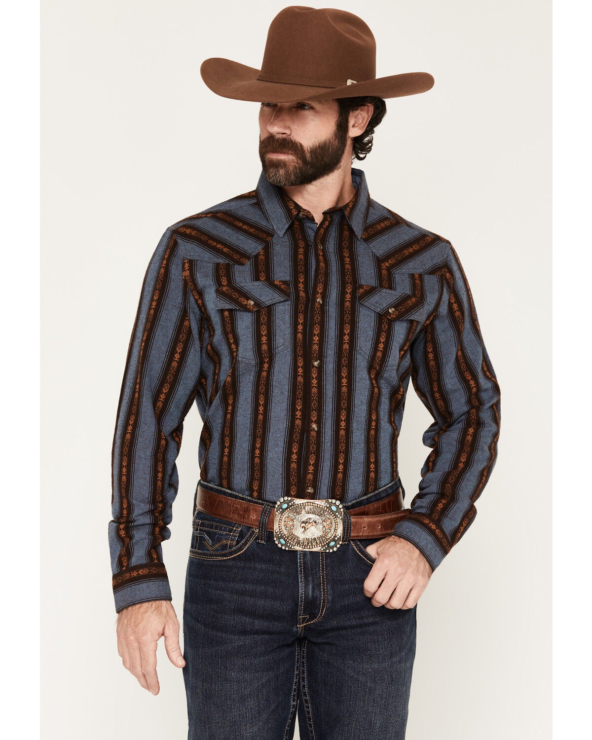 Image #1 - Cody James Men's Desert Creek Striped Long Sleeve Snap Flannel Shirt, Blue, hi-res