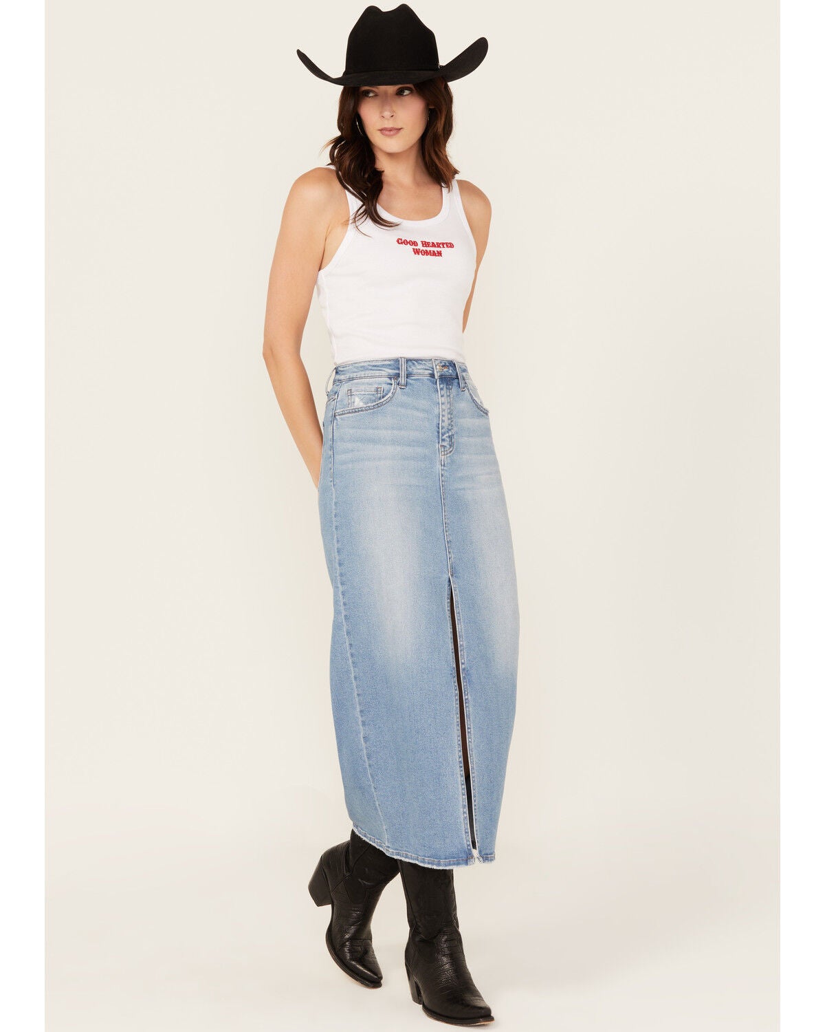 Vervet Women's Light Wash Front Slit Denim Midi Skirt, Light Wash, hi-res