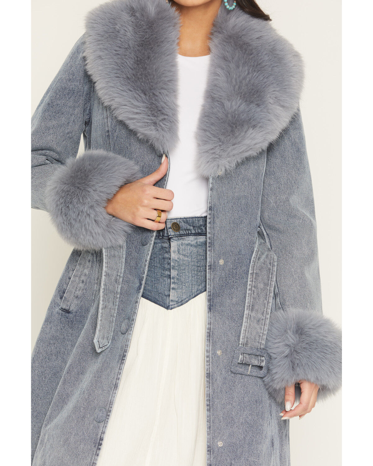 Image #3 - Azalea Wang Women's Kaya Denim Faux Fur Trench Coat, Light Wash, hi-res