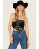 Image #1 - La La Land Women's Strapless Tie-Back Graphic Bandana Crop Top, Black, hi-res
