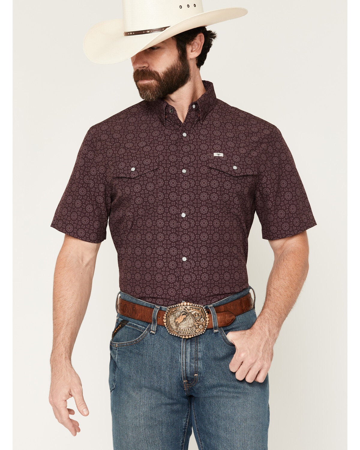Ferrell Men's Fletcher Medallion Print Short Sleeve Snap Stretch Western Shirt, Burgundy, hi-res