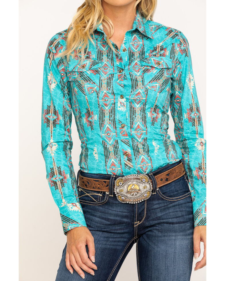 Rock Roll Cowgirl Women S Mint Aztec Snap Long Sleeve Western Shirt Boot Barn