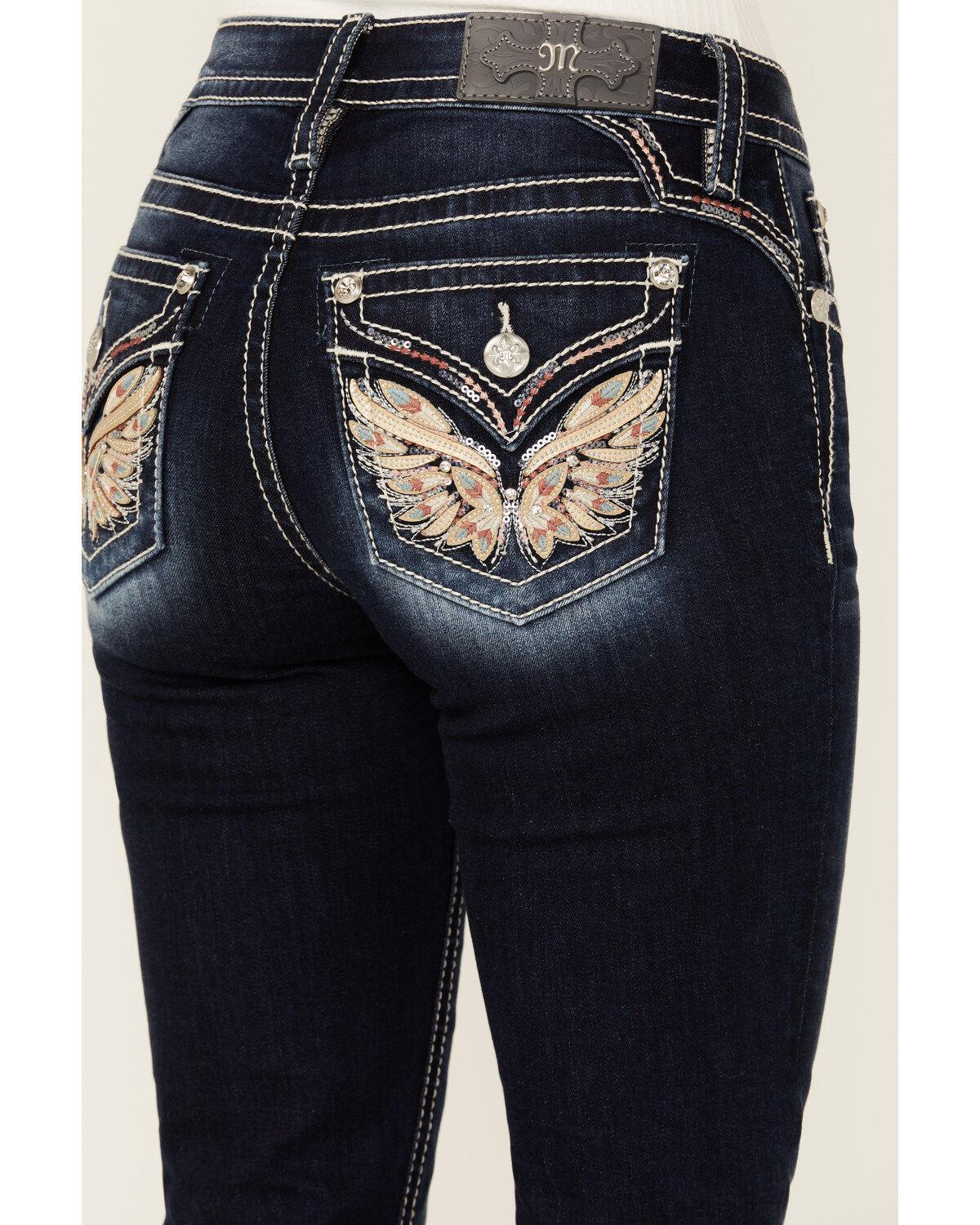 Image #2 - Miss Me Women's Dark Wash Wing Pocket 34" Bootcut Stretch Denim Jeans, , hi-res