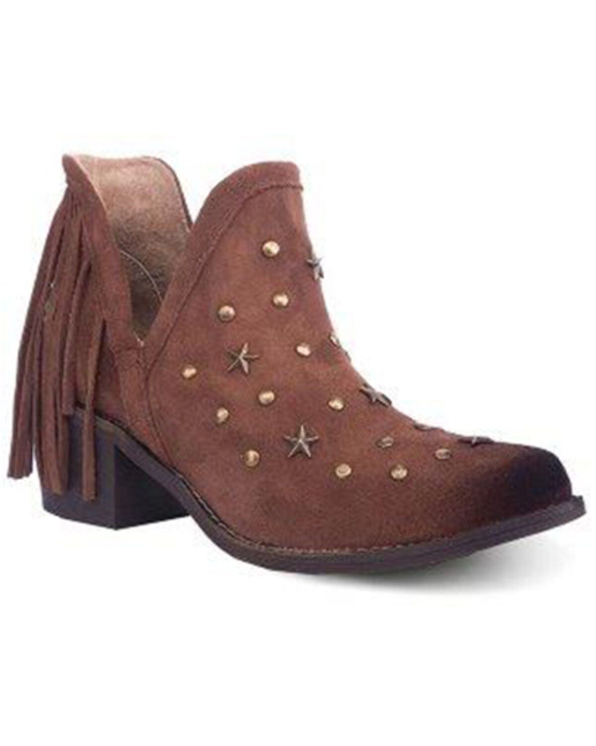 Circle G Women's Fringe Studded Roughout Booties - Round Toe, Brown, hi-res