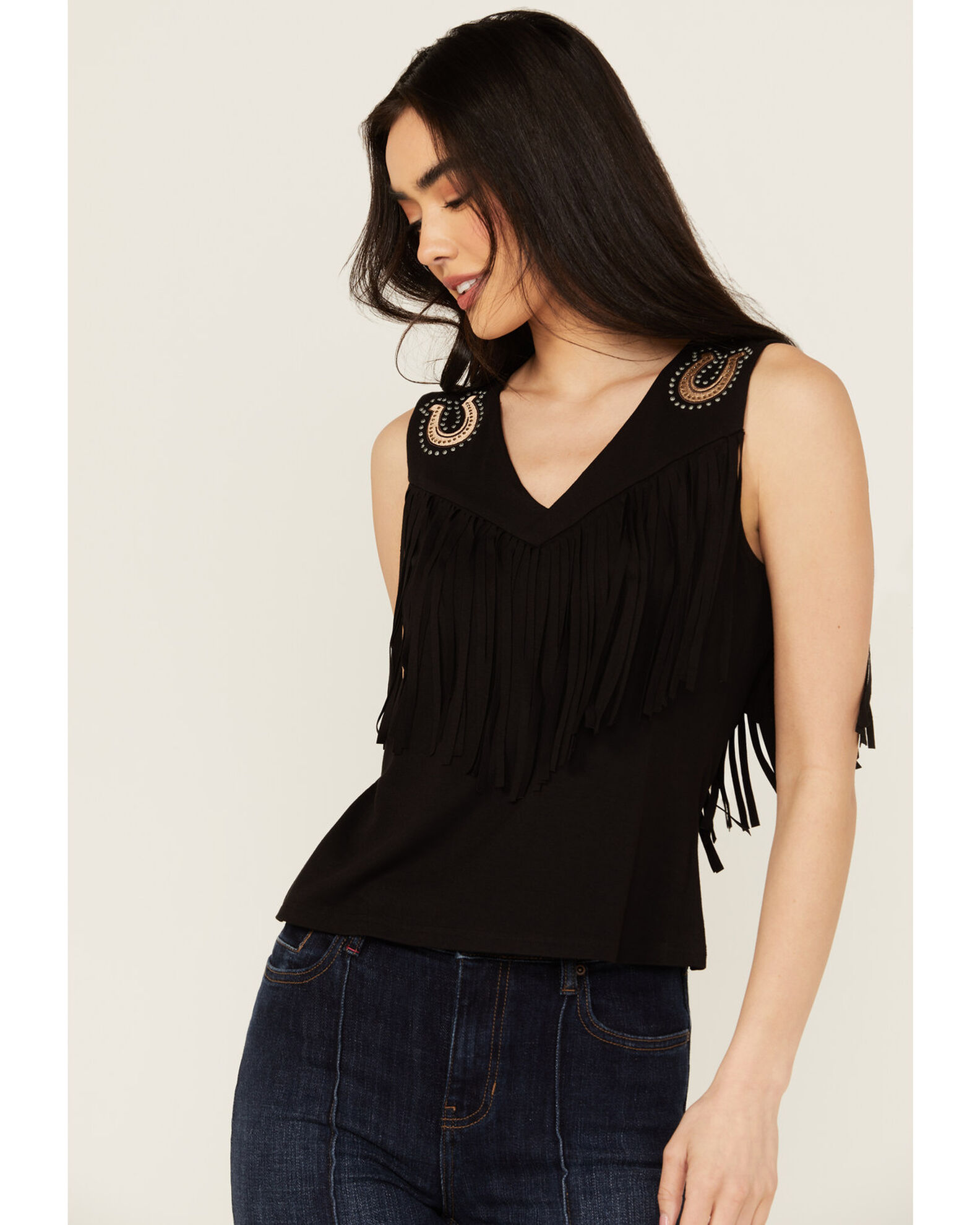 Image #1 - Idyllwind Women's Plateau Embroidered Studded Fringe Tank, Black, hi-res