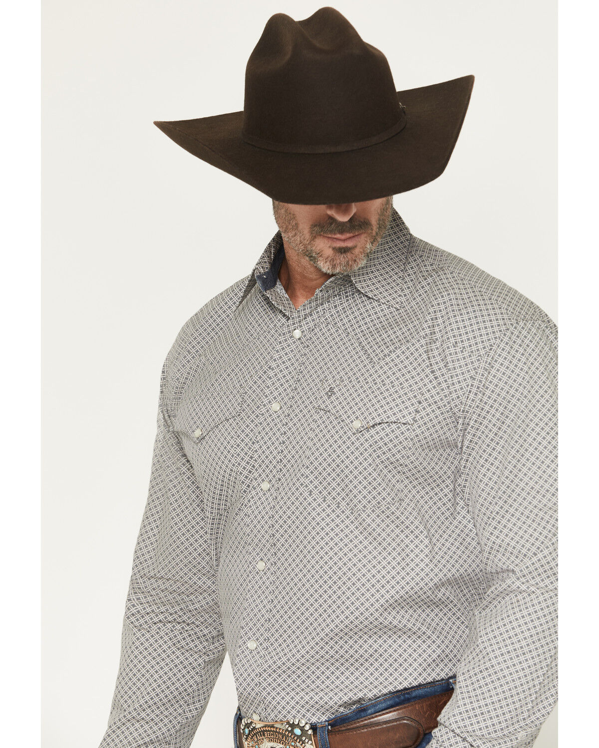 Image #2 - Stetson Men's Geo Print Long Sleeve Pearl Snap Western Shirt, Grey, hi-res