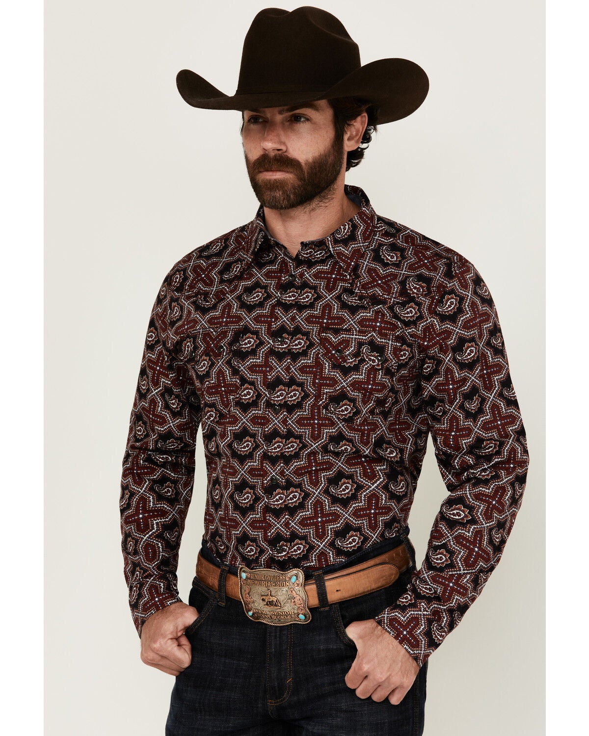 Cody James Men's Daybreak Geo Print Long Sleeve Snap Western Shirt, Red, hi-res