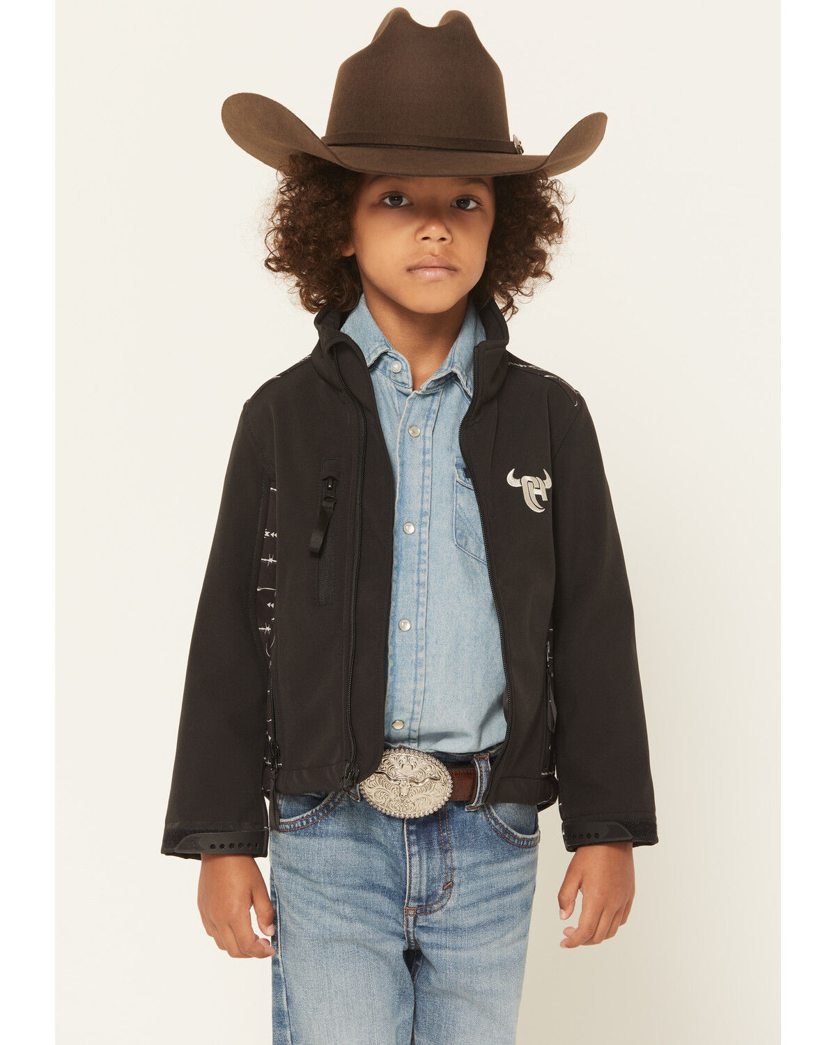 Image #1 - Cowboy Hardware Boys' Ghost Southwestern Print Softshell Jacket, Black, hi-res