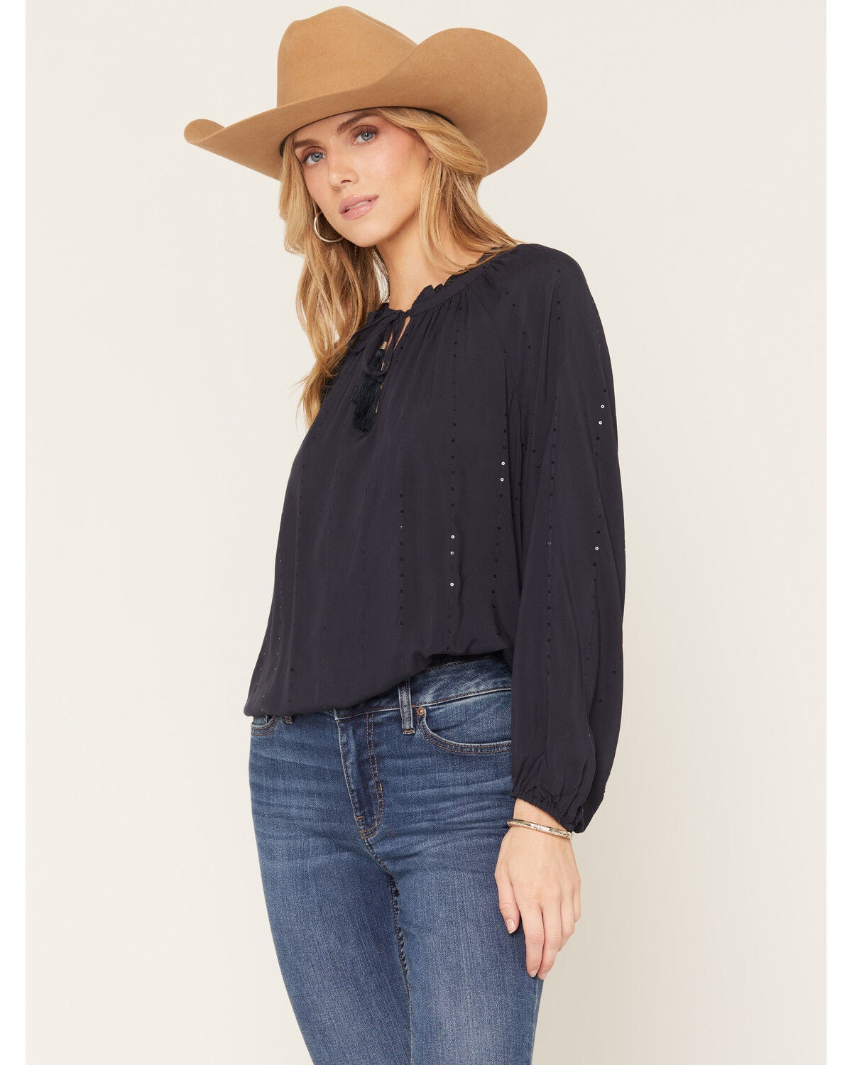 Image #2 - Lovestitch Women's Tonal Sequins Long Sleeve Peasant Top, Navy, hi-res