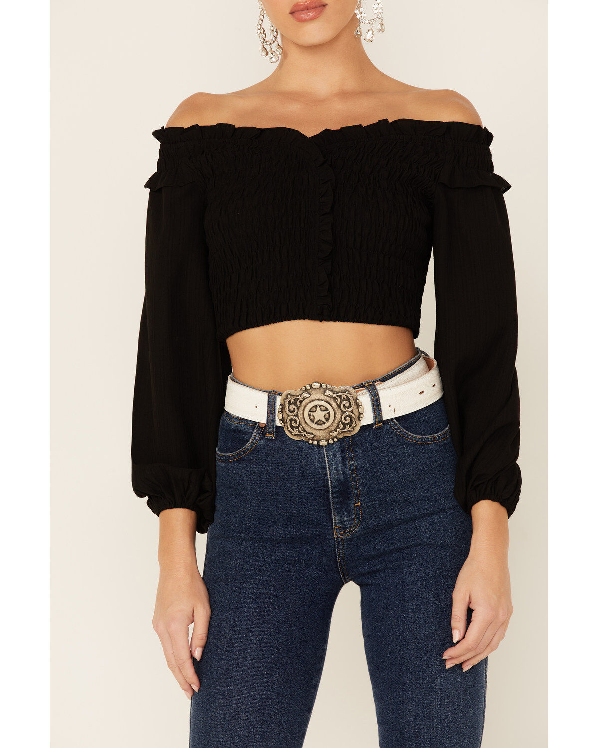Image #2 - Flying Tomato Women's Solid Off The Shoulder Smocked Crop Long Sleeve Top, , hi-res