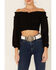 Flying Tomato Women's Solid Off The Shoulder Smocked Crop Long Sleeve Top, Black, hi-res