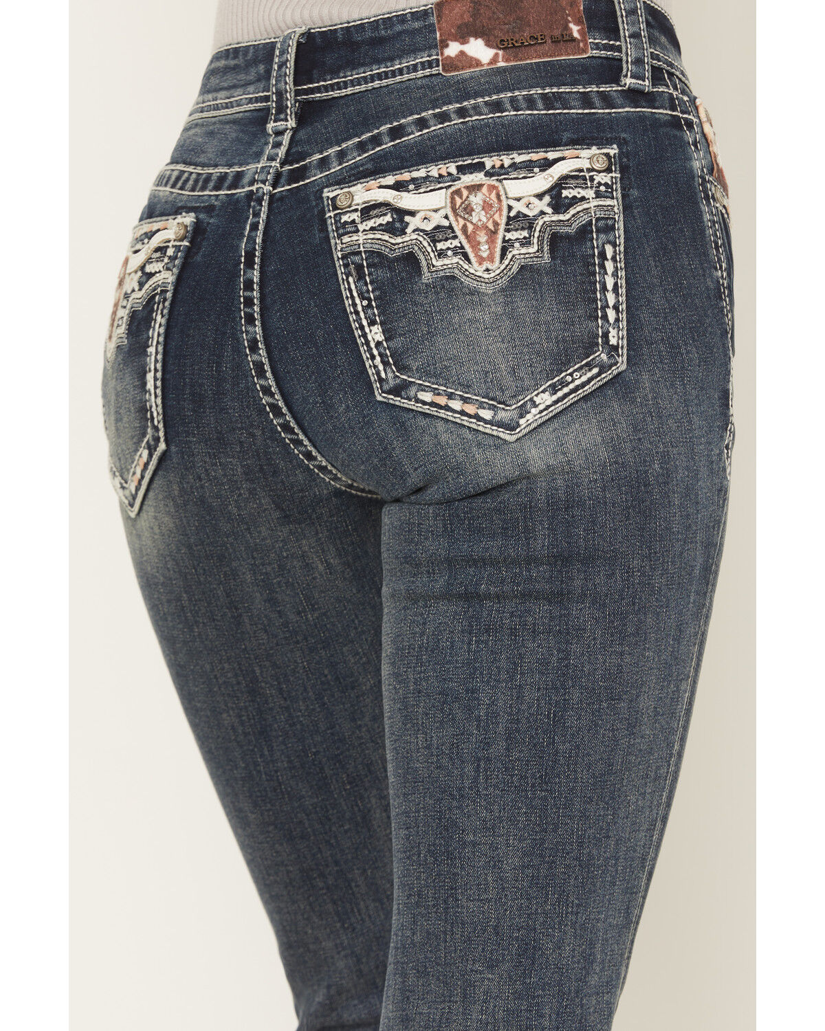 Grace LA Women's Medium Wash Mid Rise Embellished Bootcut Stretch Denim Jeans