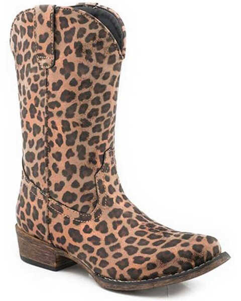 Roper Little Girls' Riley Cheetah Print Western Boots - Snip Toe, Tan, hi-res