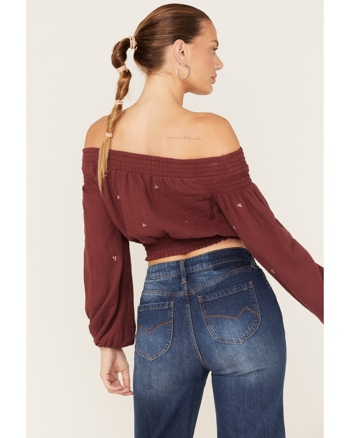 Image #4 - Shyanne Women's Off-Shoulder Embroidered Crop Top, Wine, hi-res