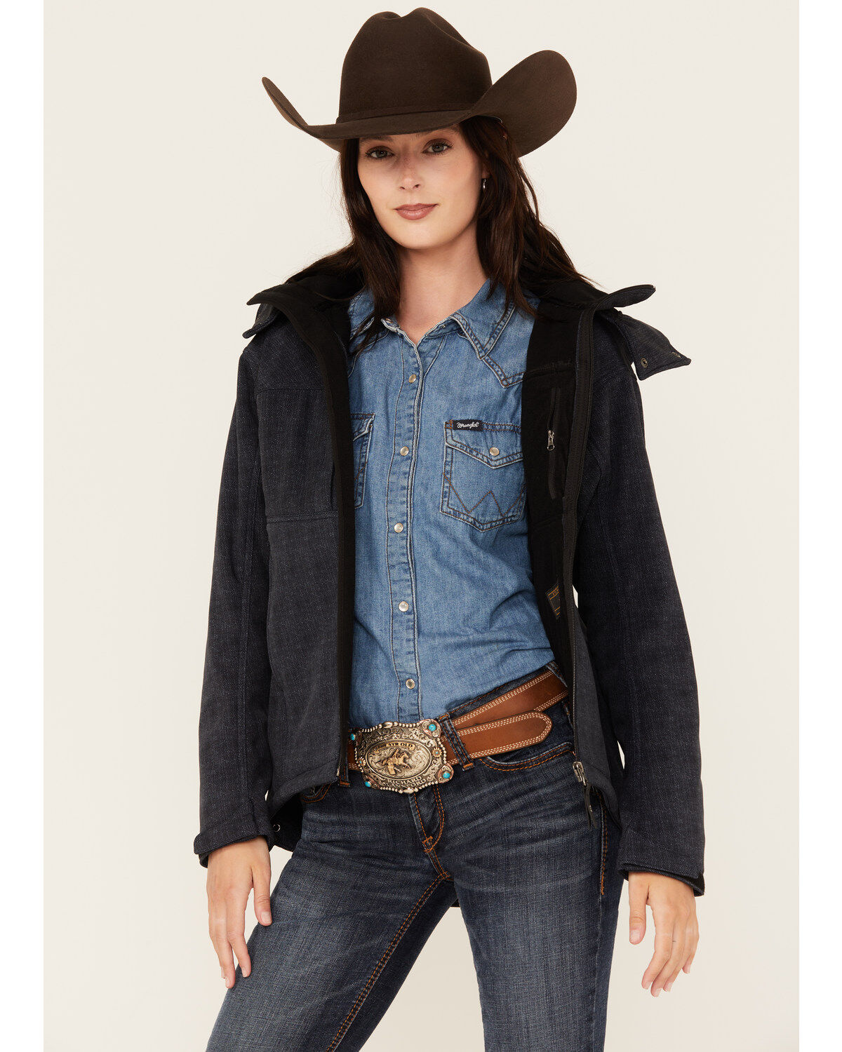 Image #1 - STS Ranchwear by Carroll Women's Dark Wash Denim Print Softshell Weston Hooded Jacket, Dark Wash, hi-res