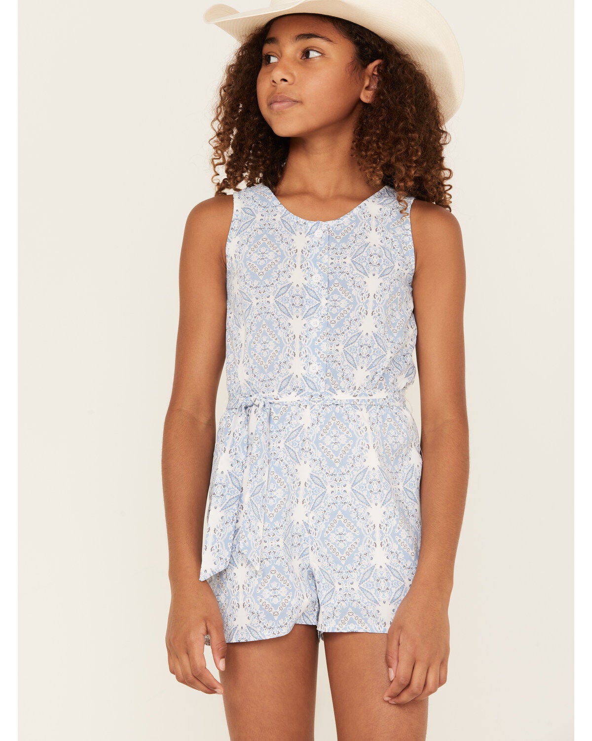Hayden LA Girls' Print Sleeveless Waist Tie Romper, Blue, hi-res