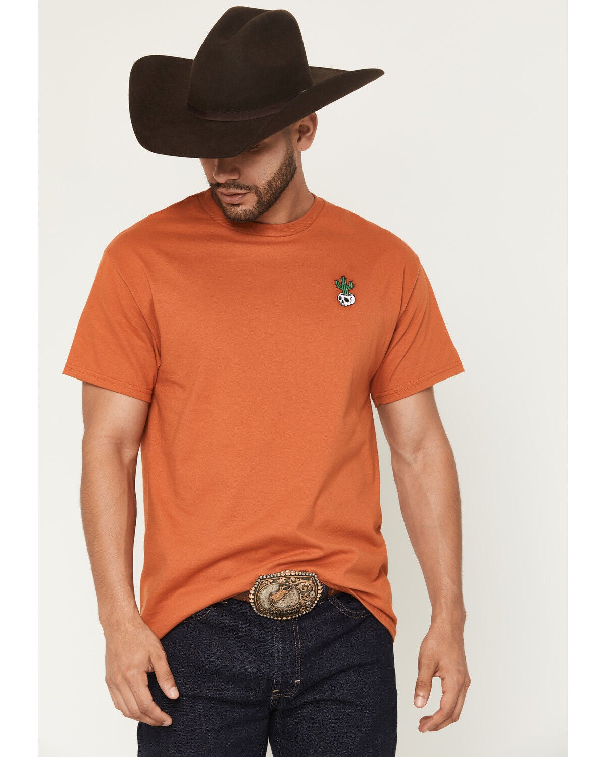 Riot Society Men's Cactus Skull Embroidered Short Sleeve T-Shirt, Dark Orange, hi-res