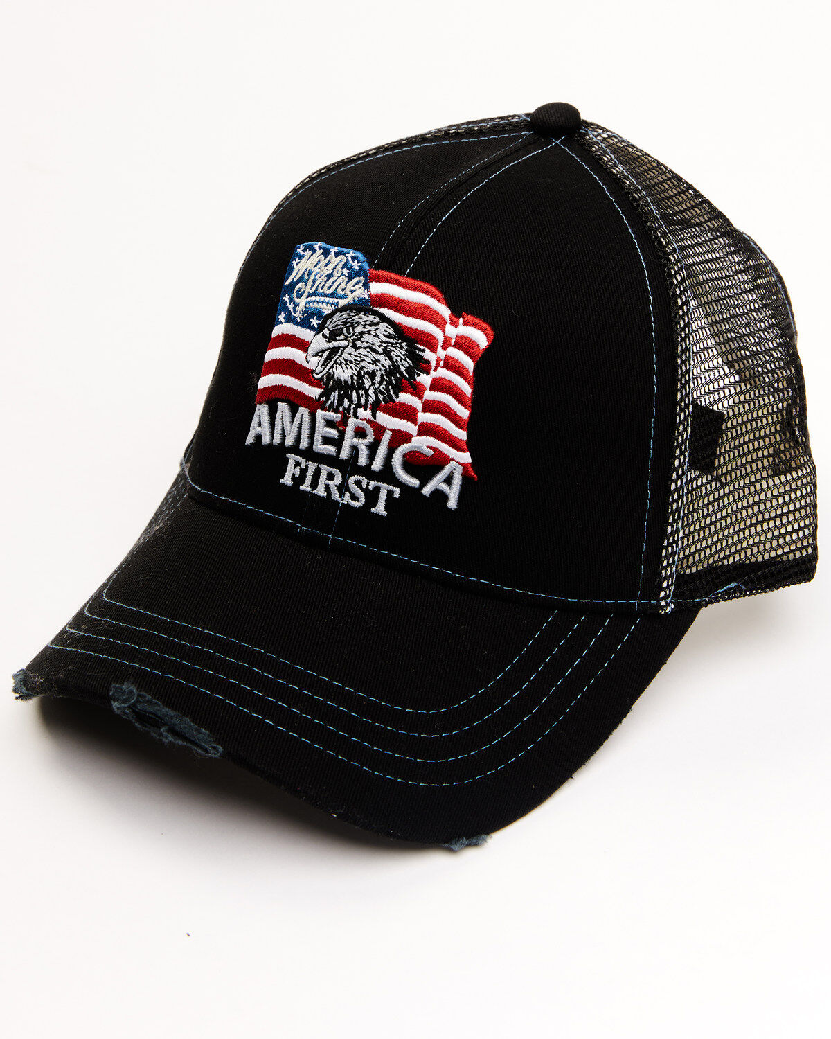 Image #1 - Moonshine Spirit Men's America First Flag Patch Mesh Ball Cap, Black, hi-res