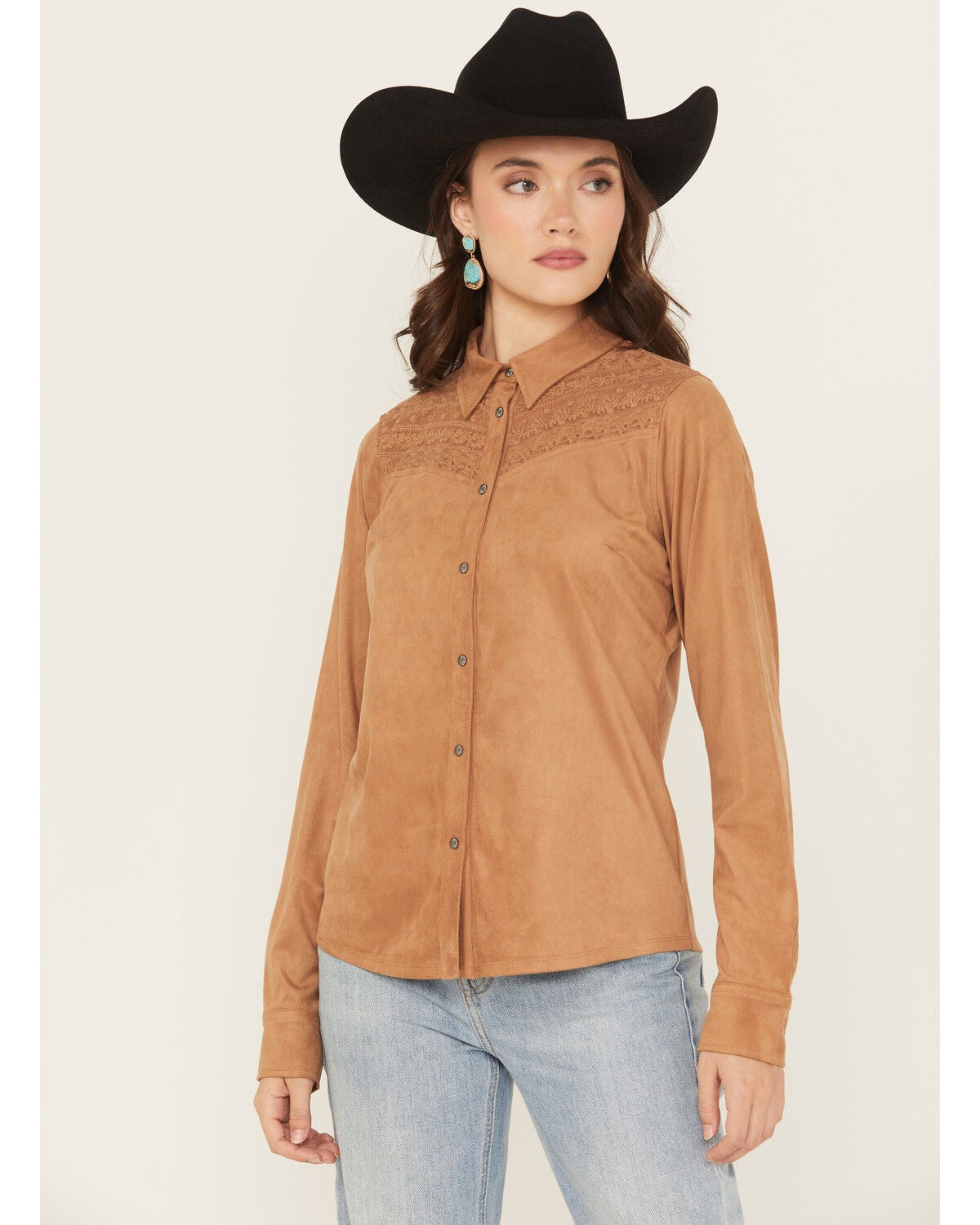 Shyanne Women's Faux Suede Lace Yoke Long Sleeve Button-Down Western Shirt, Tan, hi-res