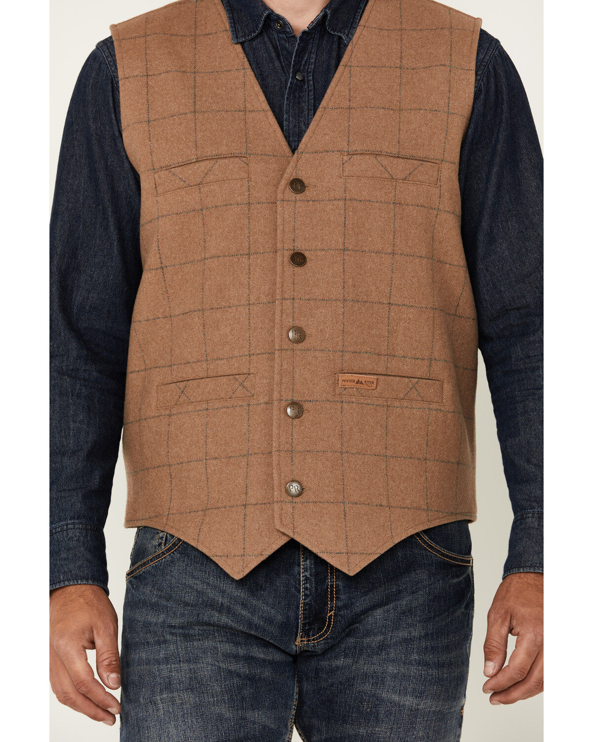 Image #3 - Powder River Outfitters Men's Plaid Print Wool Vest, Tan, hi-res