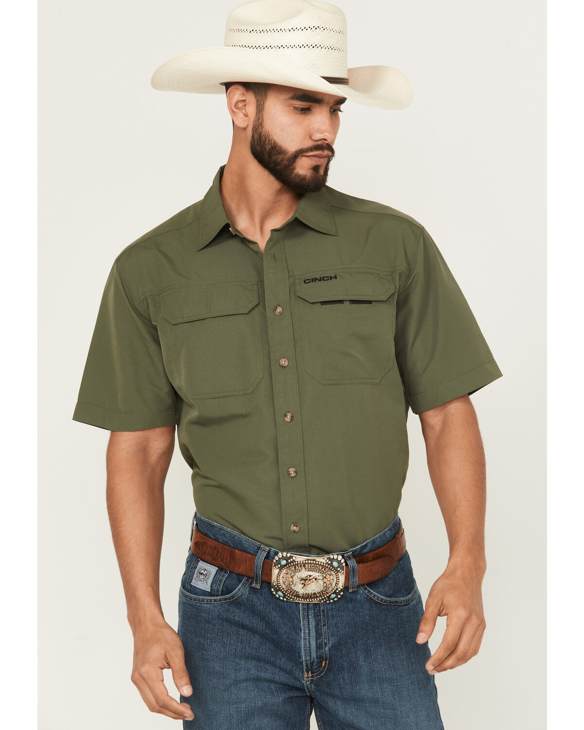 Image #1 - Cinch Men's Solid Short Sleeve Button-Down Performance Stretch Western Shirt, Green, hi-res