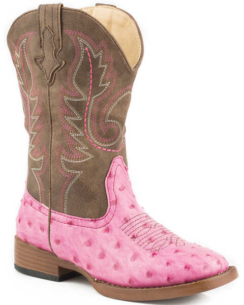 Image #1 - Roper Youth Girls' Pink Faux Ostrich Print Western Boots - Square Toe, , hi-res