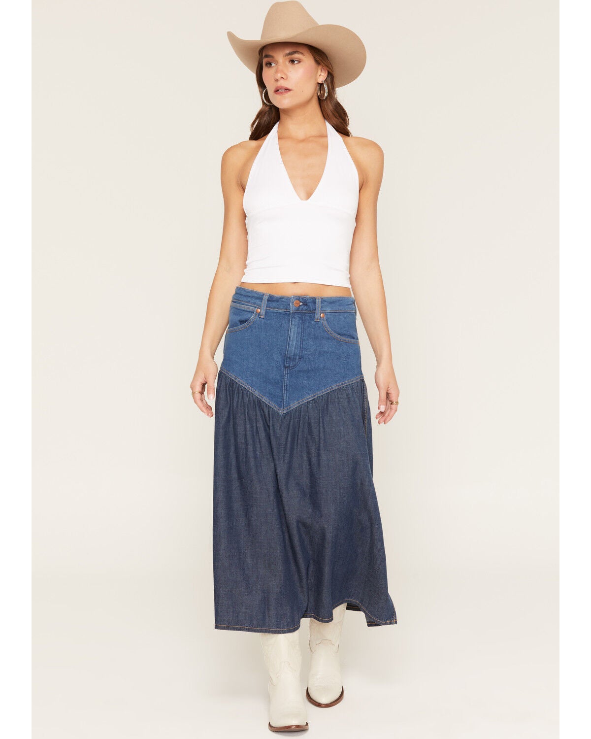 Wrangler Women's Modern Two Tone Denim Maxi Skirt, Blue, hi-res