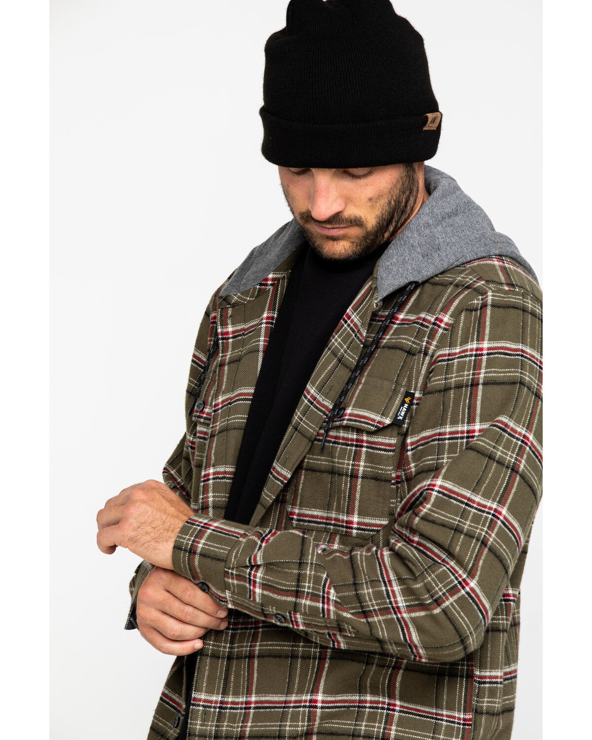 Image #4 - Hawx Men's Olive Mission Plaid Hooded Long Sleeve Work Shirt Jacket, , hi-res