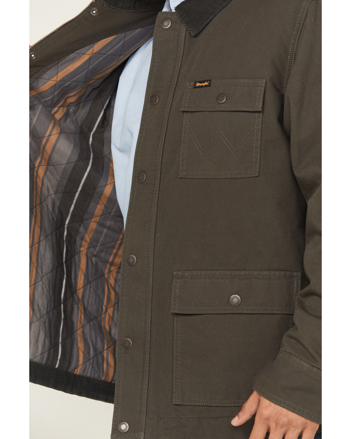 Image #3 - Wrangler Men's Solid Flannel Lined Barn Coat, Olive, hi-res