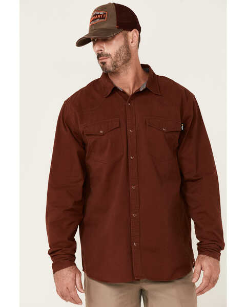 Hawx Men's Solid Twill Pearl Snap Long Sleeve Work Shirt , Mahogany, hi-res