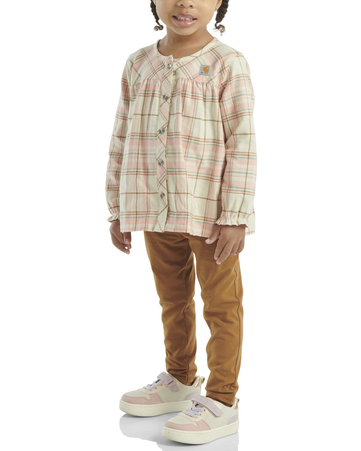 Image #2 - Carhartt Toddler Girls' Plaid Print Long Sleeve Button-Down Shirt And Leggings Set - 2 Piece, Pink, hi-res