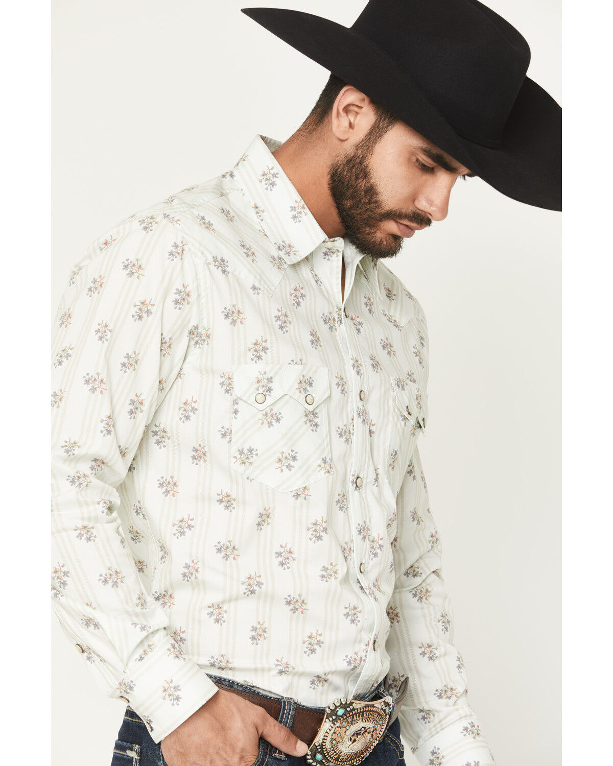 Image #2 - Rock & Roll Denim Men's Floral Print Long Sleeve Snap Stretch Western Shirt, Natural, hi-res