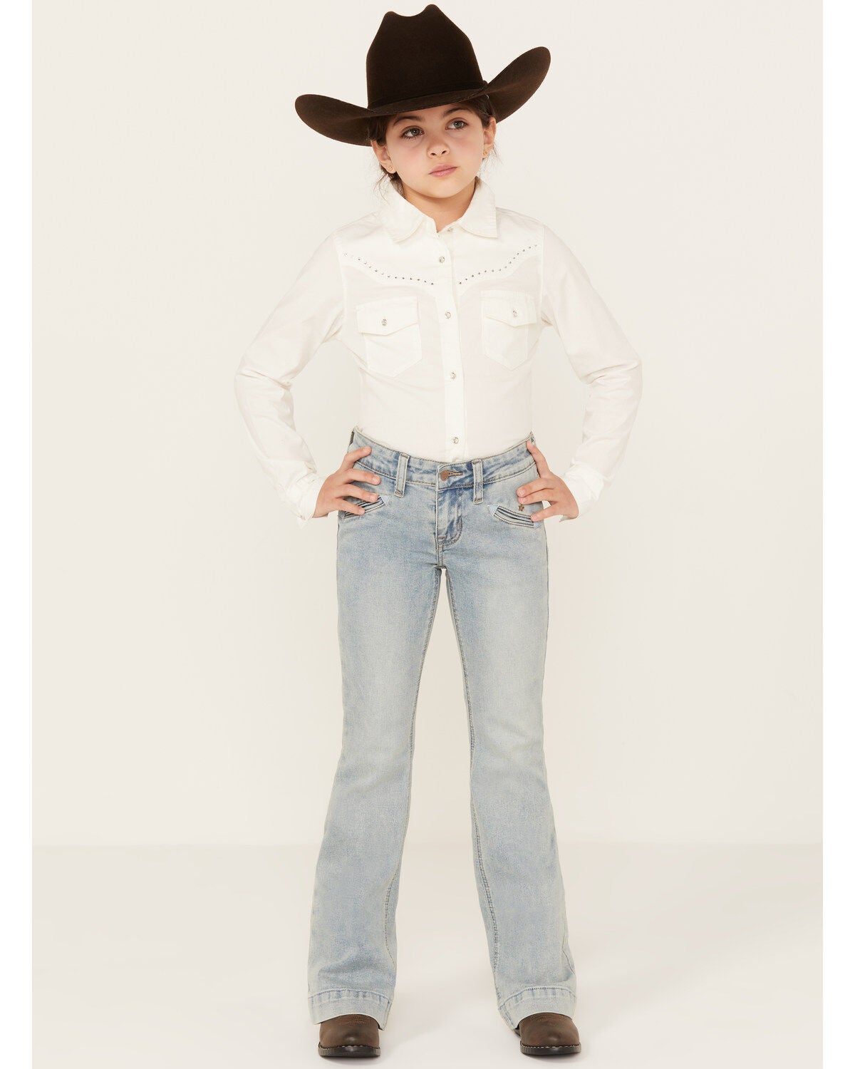 Rock & Roll Denim Girls' Light Wash Smile Pocket Denim Trousers, Light Wash, hi-res