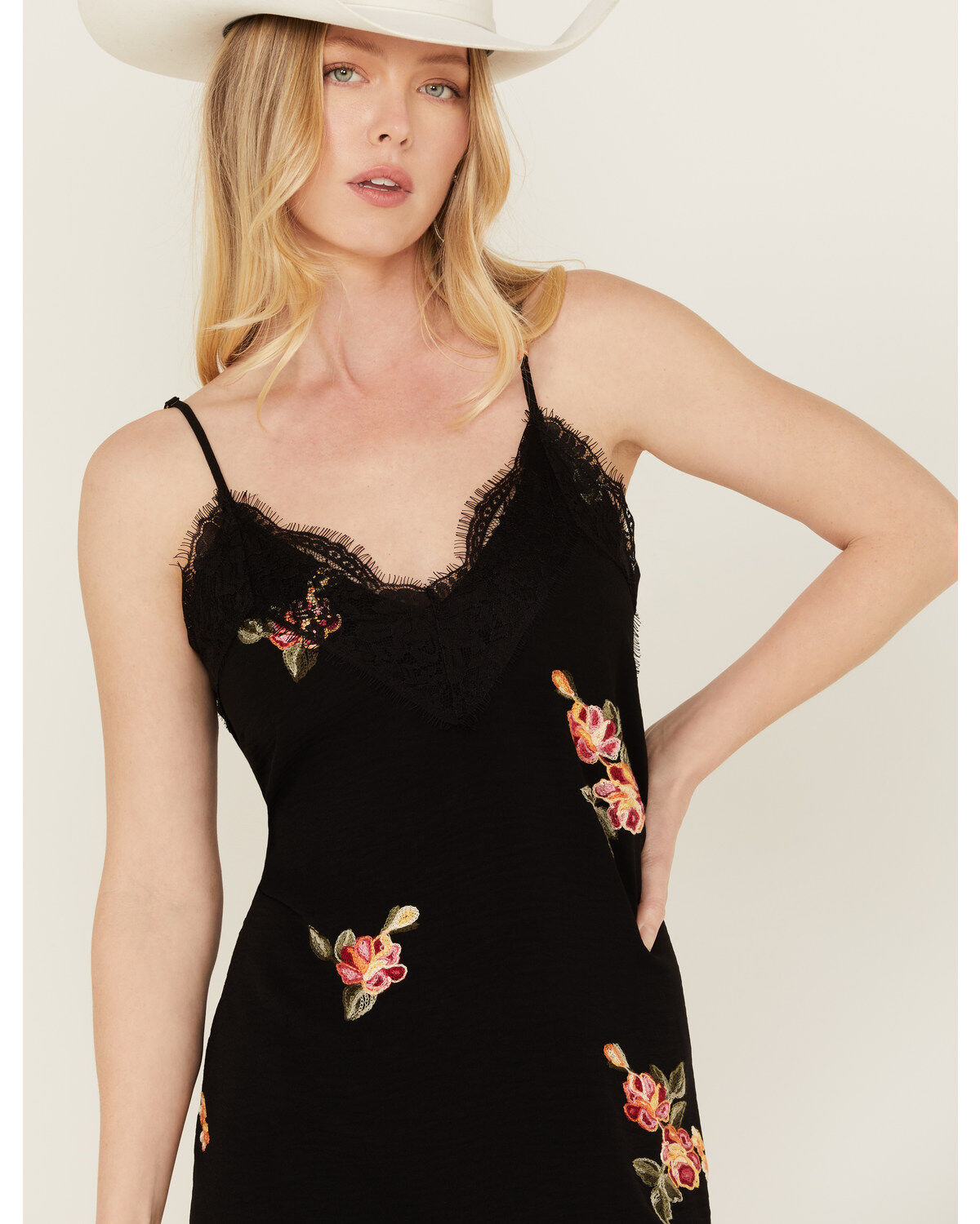 Image #2 - Wild Moss Women's Embroidered Slip Midi Dress, Black, hi-res