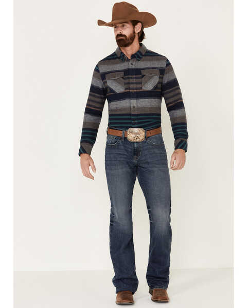 Image #1 - United By Blue Men's Brownstone Responsible Striped Long Sleeve Western Flannel Shirt , Navy, hi-res